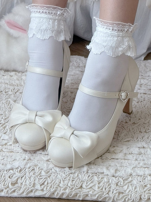 Elegant Creamy White Lolita Stilettos - Crystal Embellished Heart Buckle & Top Bow