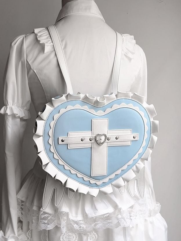 Jirai Kei Heart Backpack with Wings & Cross PU Leather in Black / Light Blue / Pink