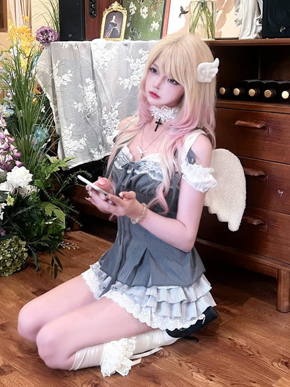 Gray Lace-Trim Cami Top with Bow Detail