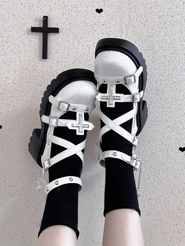 Silver-tone Studs Cross White Platform Chunky Heels Punk Shoes