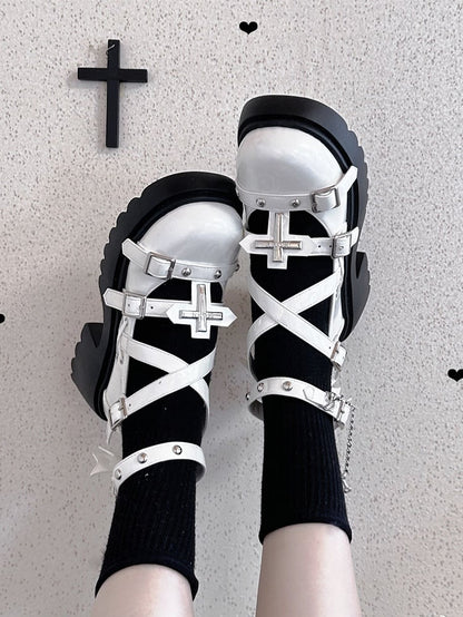Silver-tone Studs Cross White Platform Chunky Heels Punk Shoes
