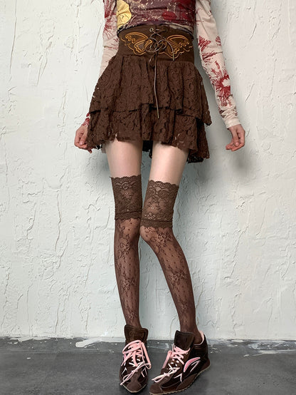 Brown Wasteland Punk Lace Trim Overknee Stockings