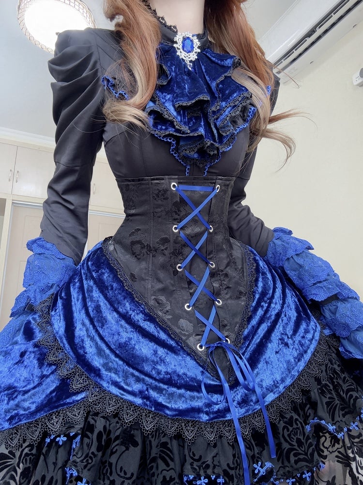 Black and Klein Blue Gothic Lolita Full Set - Long Bell Sleeves Shirt + Boned High Waist Skirt + Jabot Tie + Mini Hat