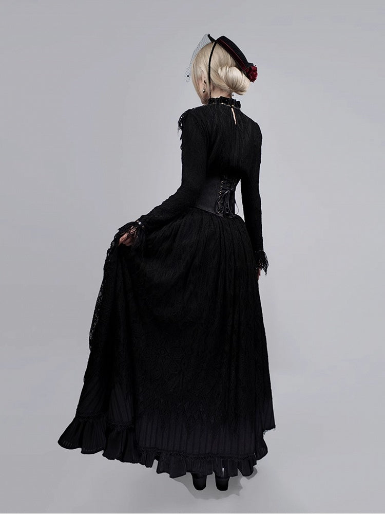 Black Gothic Banded Collar Lace Shirt