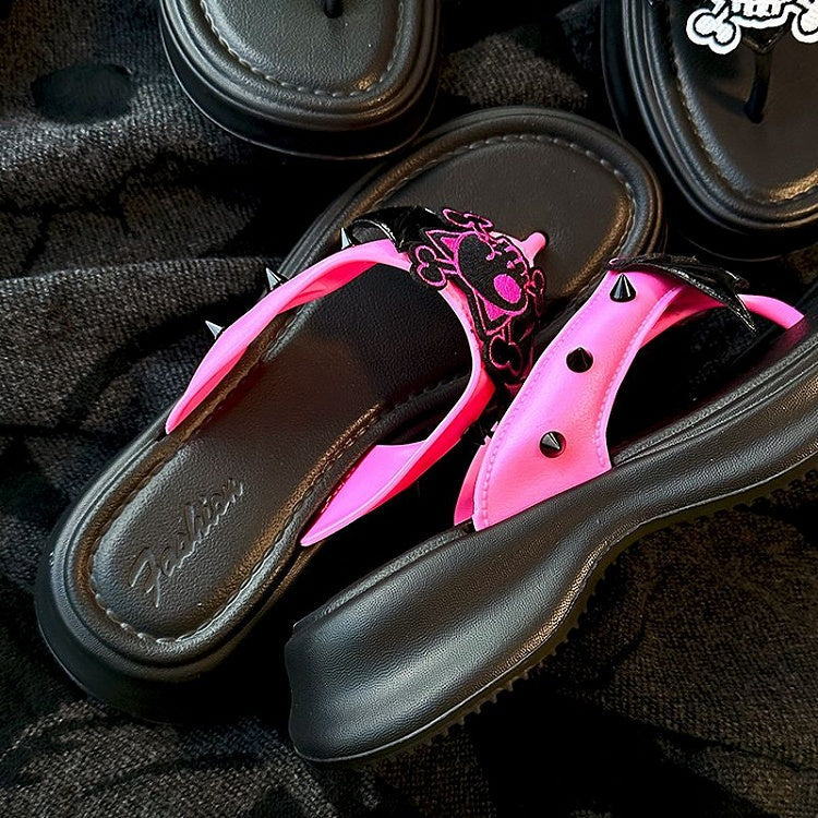 Clearance-Size 36-37 Black and Pink Bat Wings Skeleton Applique Flip-flops Gothic Summer Slippers