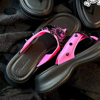 Clearance-Size 36-37 Black and Pink Bat Wings Skeleton Applique Flip-flops Gothic Summer Slippers