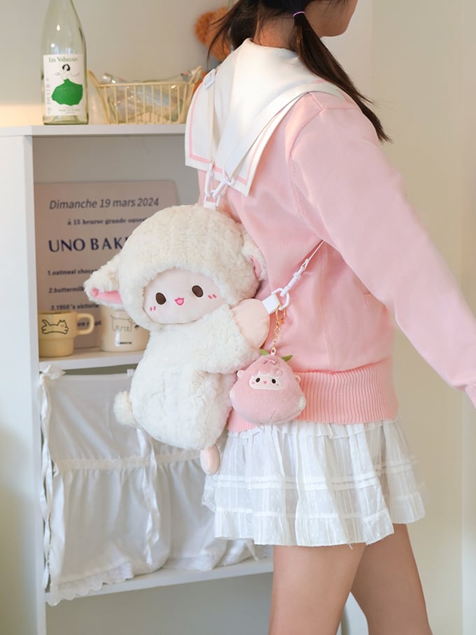 Cute Little Lamb White Plush Backpack/Crossbody Bag + Keychain