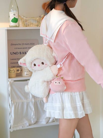 Cute Little Lamb White Plush Backpack/Crossbody Bag + Keychain