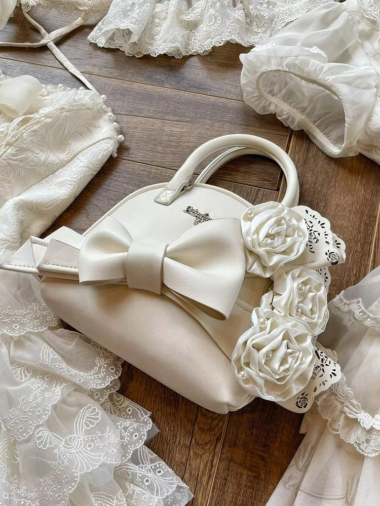 Creamy White Roses Big Bowknot Shell Bag