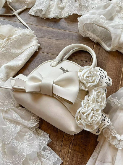 Creamy White Roses Big Bowknot Shell Bag
