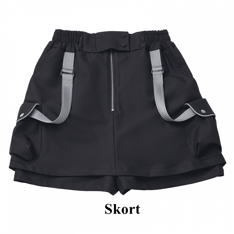 Black Techwear Strap Details Cargo Pockets Skort
