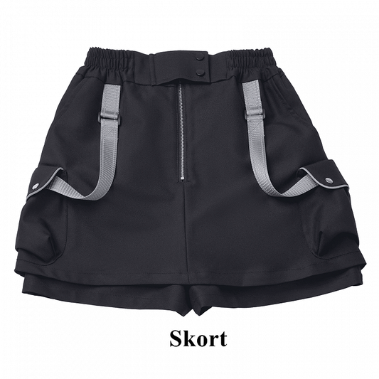Black Techwear Strap Details Cargo Pockets Skort