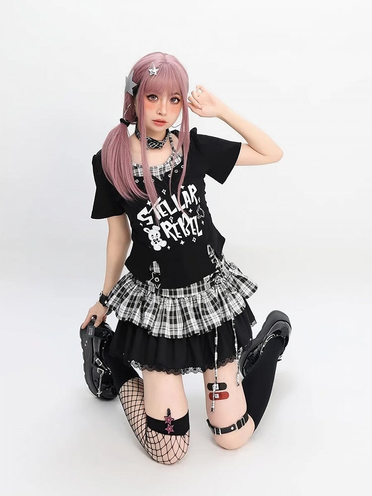 Y2K Black & Pink/Black & White Bunny Print T-Shirt Faux Two-Pieces
