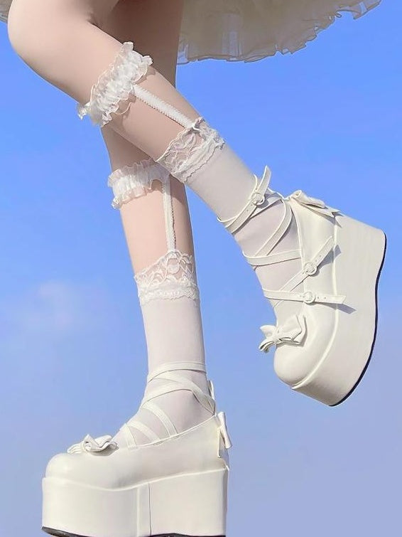 White Bowknot Buckle Straps Round Toe Platform Lolita Shoes