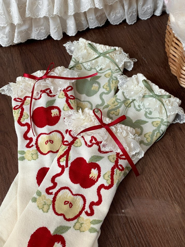 Green/Red Apple Print Lace Trim Sweet Lolita Calf Socks