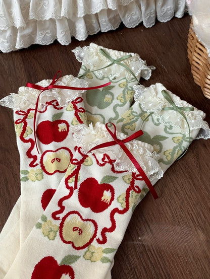 Green/Red Apple Print Lace Trim Sweet Lolita Calf Socks