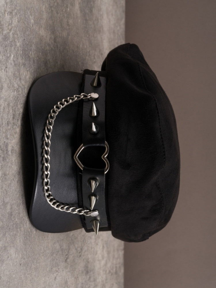 Black Gothic Heart Ring Chain Charm Studs Details Beret Hat