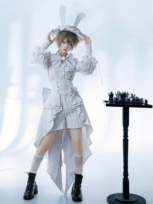 Bunny Theater White Cascading Flounce Hem Pleated Peplum Waist Ouji Fashion Corset Belt