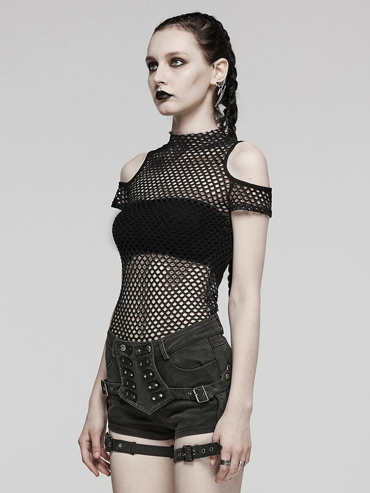 Black Punk Tie-dyed Mesh Short Sleeve T-shirt