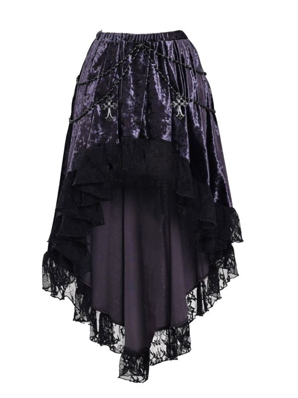 Gothic Cross Beaded Chains Purple Velvet High-low Skirt