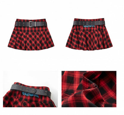 Punk Rock Red and Black Plaid Pleated Skirt with Free Waist Belt