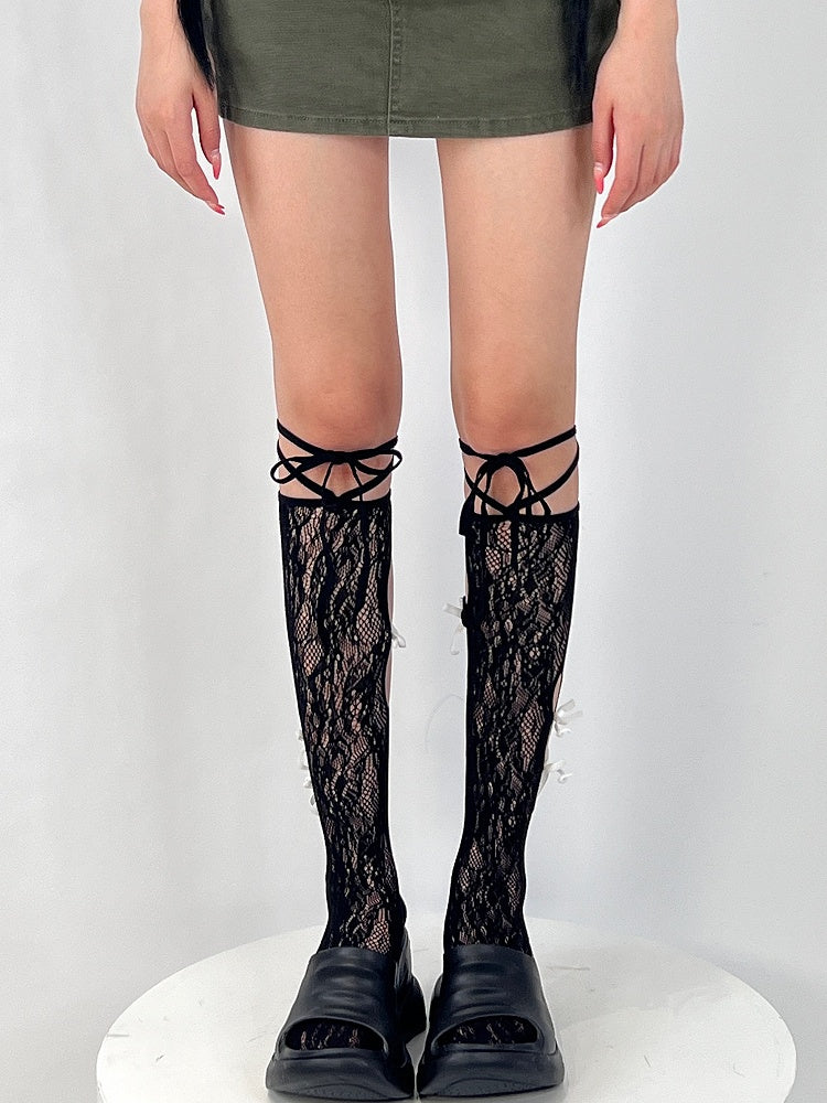Black Bittersweet Cut-out Design Bowknot Details Under-knee Stockings