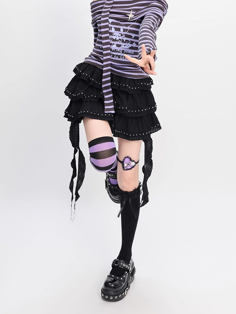 Black Cascading Ruffles Stud Details Balletcore Tiered Skirt