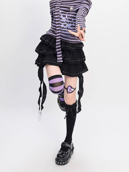 Black Cascading Ruffles Stud Details Balletcore Tiered Skirt