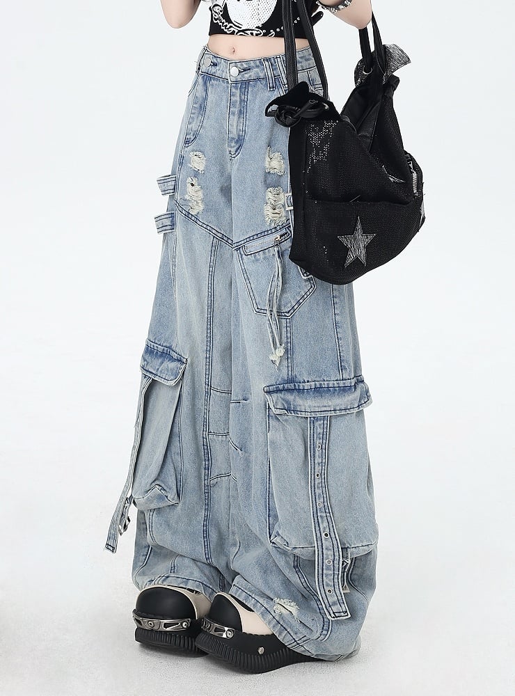 Blue Low Rise Distressed Holes Wide-leg Cargo Jeans