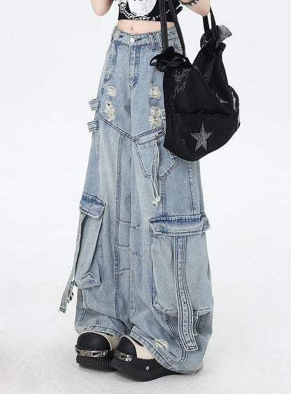 Blue Low Rise Distressed Holes Wide-leg Cargo Jeans