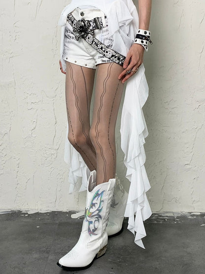 Black/White/Gray/Purple Y2K Floral and Striped Pattern Tights