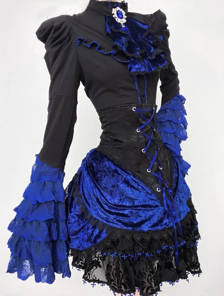 Black and Klein Blue Gothic Lolita Full Set - Long Bell Sleeves Shirt + Boned High Waist Skirt + Jabot Tie + Mini Hat
