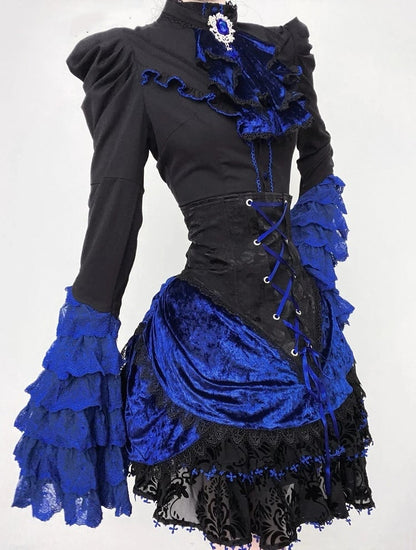 Black and Klein Blue Gothic Lolita Full Set - Long Bell Sleeves Shirt + Boned High Waist Skirt + Jabot Tie + Mini Hat