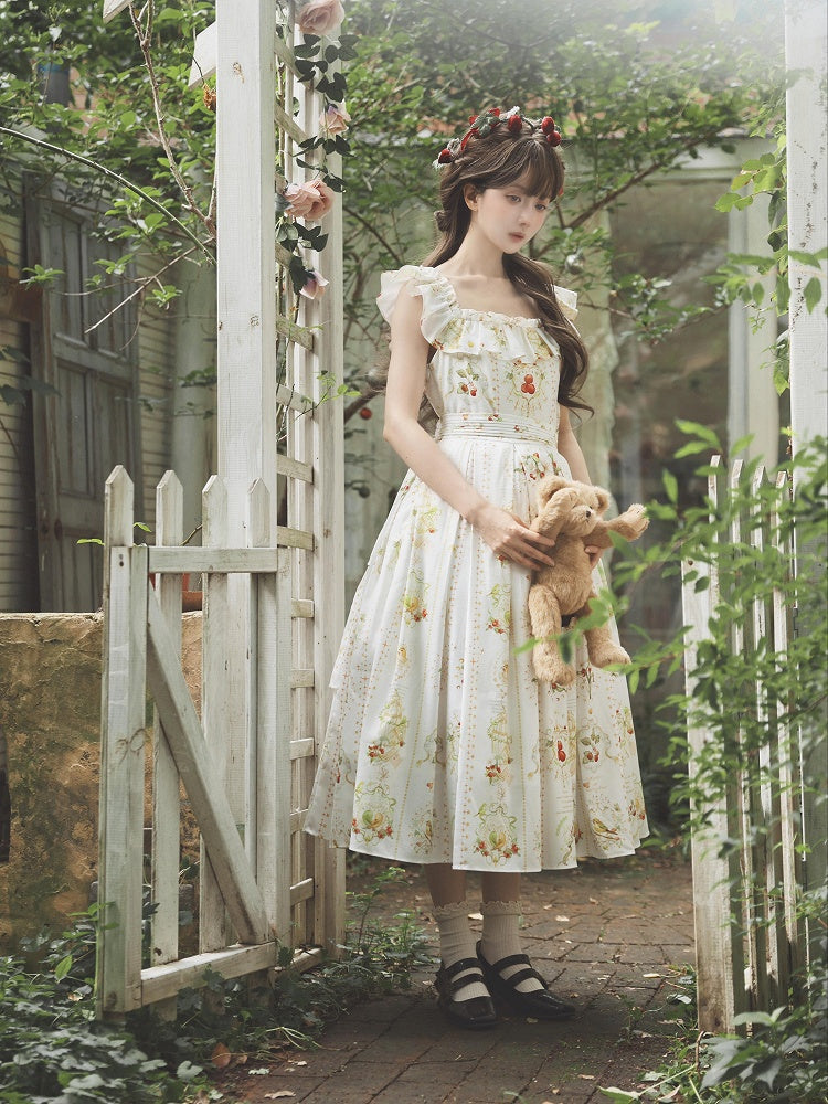 Hawthorn and Bird Print White Square Neckline Elegant Classic Lolita Dress with Waist Belt