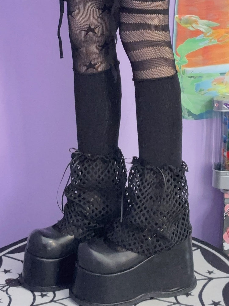 Black/White Y2K Hollow-out Design Bowknot Details Leg Warmers