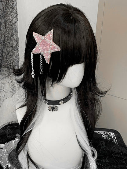 Black/Pink Cross Charm Rhinestone Star Hairclip