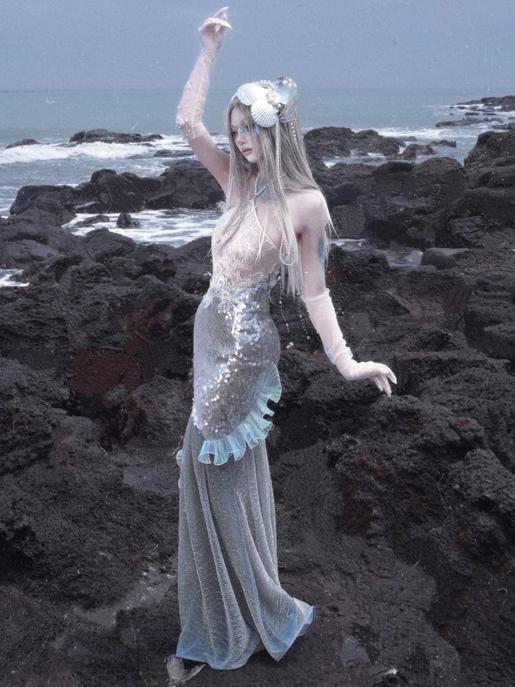 Beaded Halter Neck Shining Sequins Mermaid Dress Fairy Goth Vacation Bodycon Dress