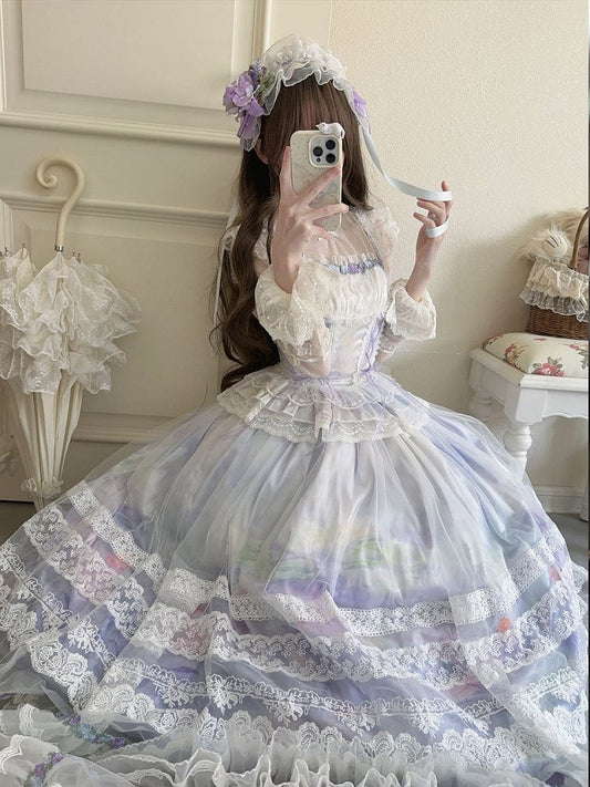 Light Purple Classic Lolita Boned Basque Waist Top + Oil Painting Print Overlay Skirt