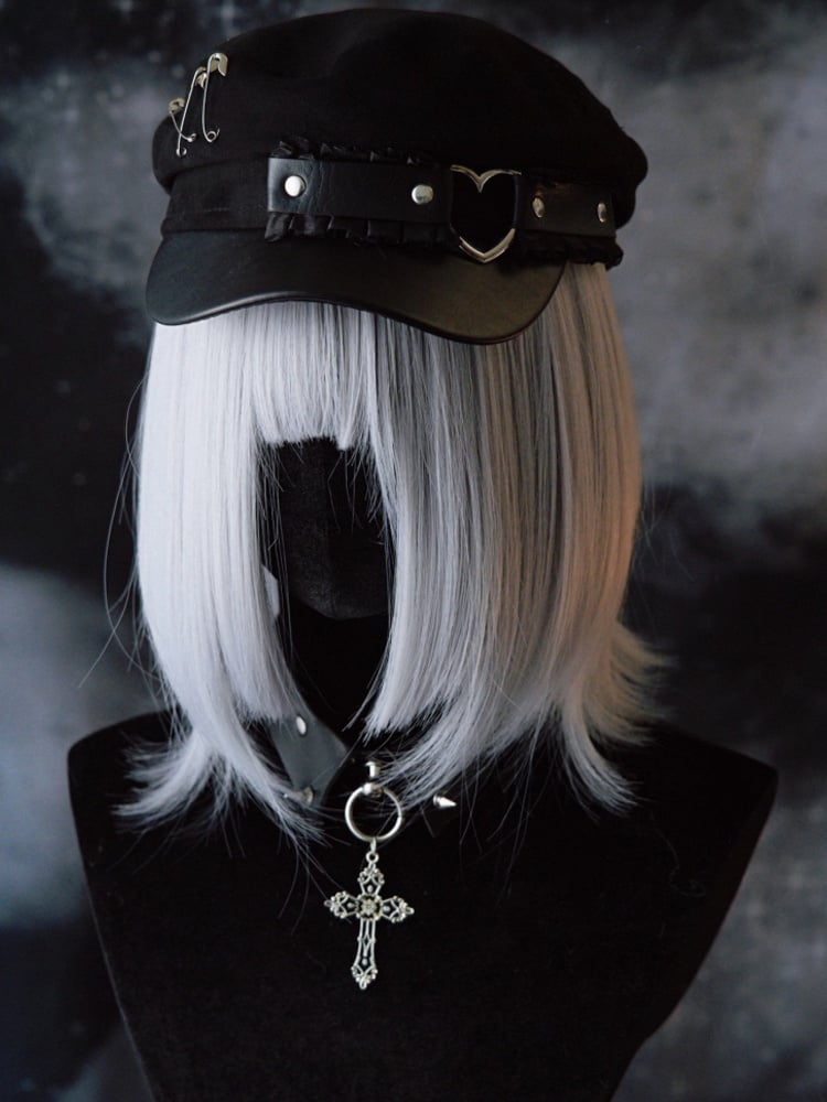 Black Gothic Pin Decorated Ruffled Trim Beret Hat