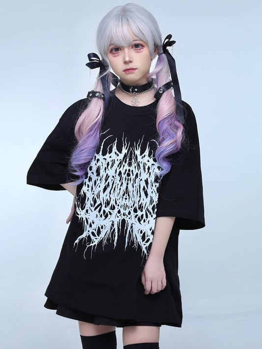 Black Jirai Kei Butterfly Print Round Neck T-shirt