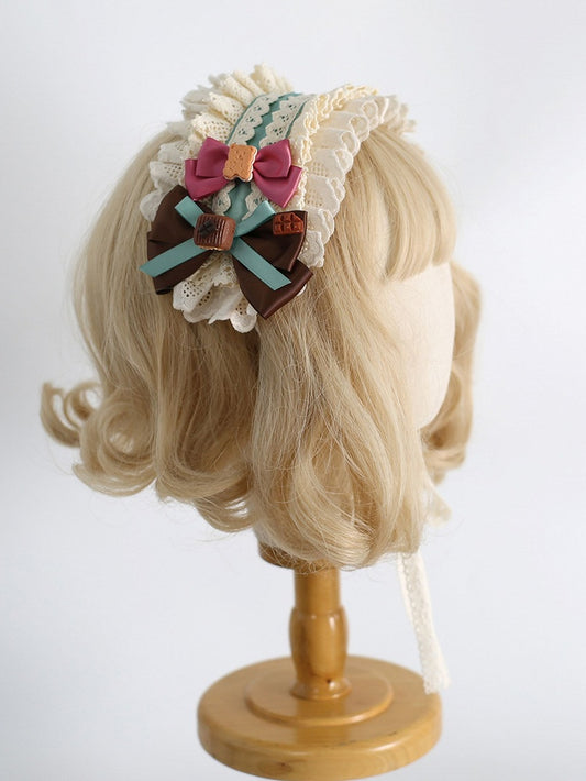 Beige Sweet Lolita Cookie Decorated Bowknot Details Ruffled Hairband