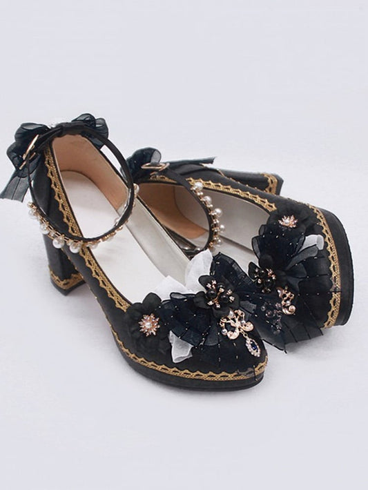 Black Bowknot and Floral 5.5CM/8CM Lolita Block Heels