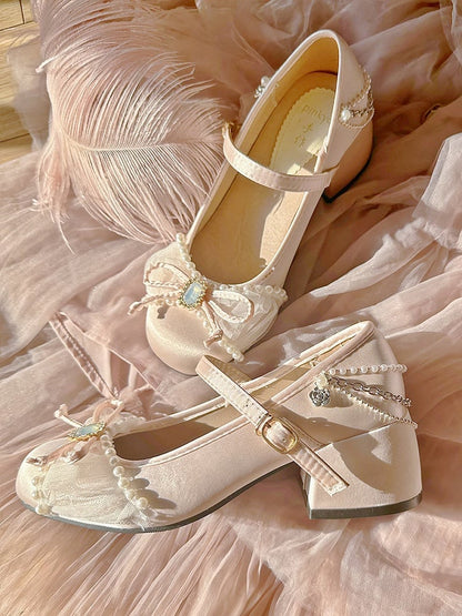 Bead and Rhinestone Details Light Pink Sweet Mary Janes with Chains