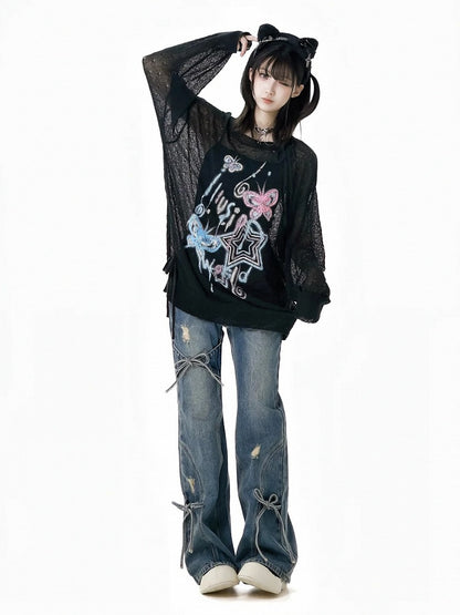 Light Blue Faded Wash Distressed Holes Bow Accents Flared Jeans