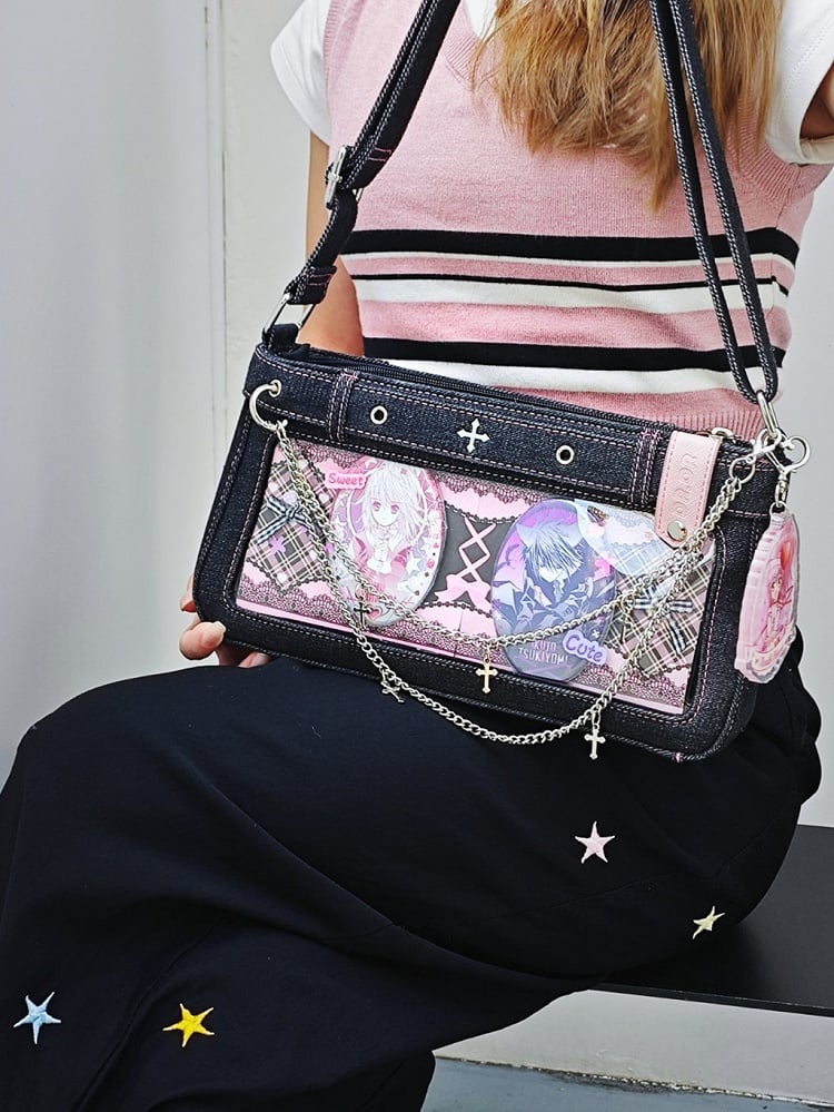 Black Cross Design Denim Ita Bag with Detachable Chain