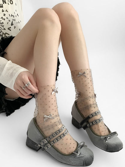 White/Black/Brown/Gray/Purple/Green Polka-dot Pattern Bowknot Details Calf Socks