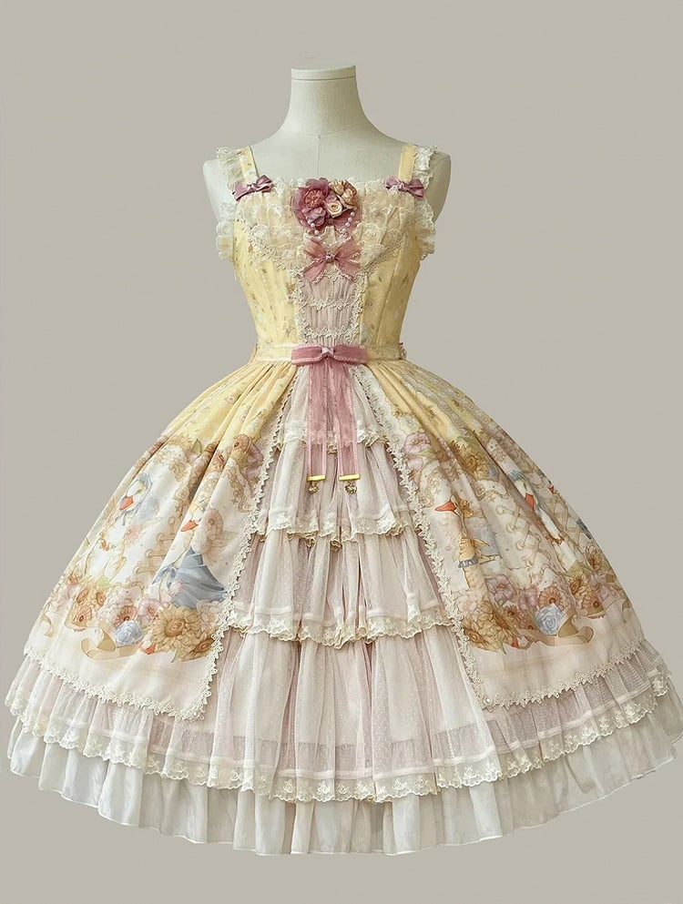 Clearance-Size XL for Bust 96-106CM Farm Ducks and Sunflowers Print Yellow Sweet Lolita Jumper Skirt