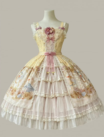 Clearance-Size XL for Bust 96-106CM Farm Ducks and Sunflowers Print Yellow Sweet Lolita Jumper Skirt