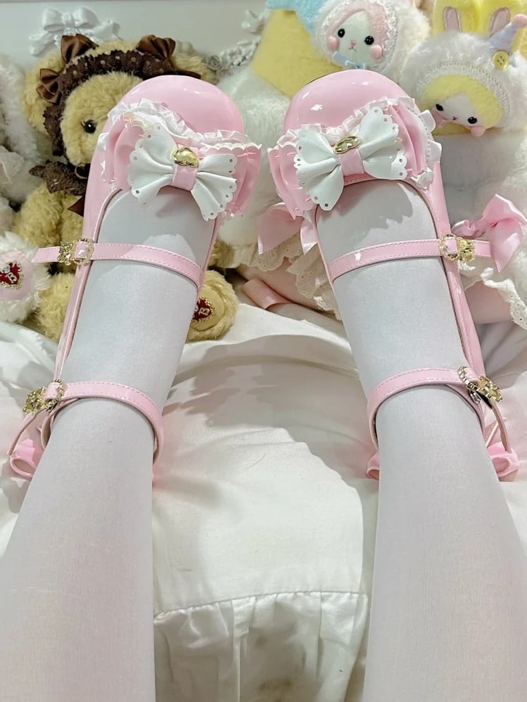 Sweet Lolita Pink Mary Janes - Bear-shaped Heel with Layered Bows at Top & Teddy Bear Decor Buckle