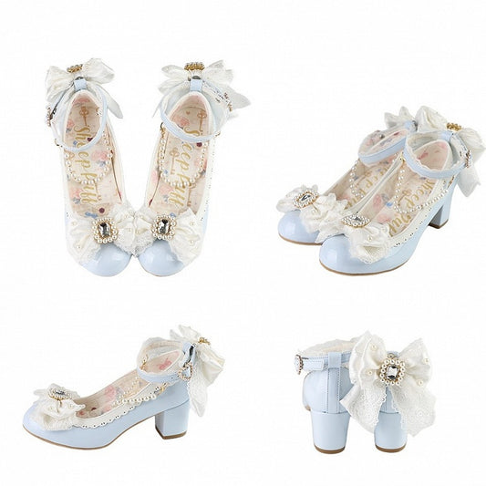 Blue Beaded And Rhinestone Decorated Bow at Top Lace Trim Mary Janes With Detachable Beaded Chain